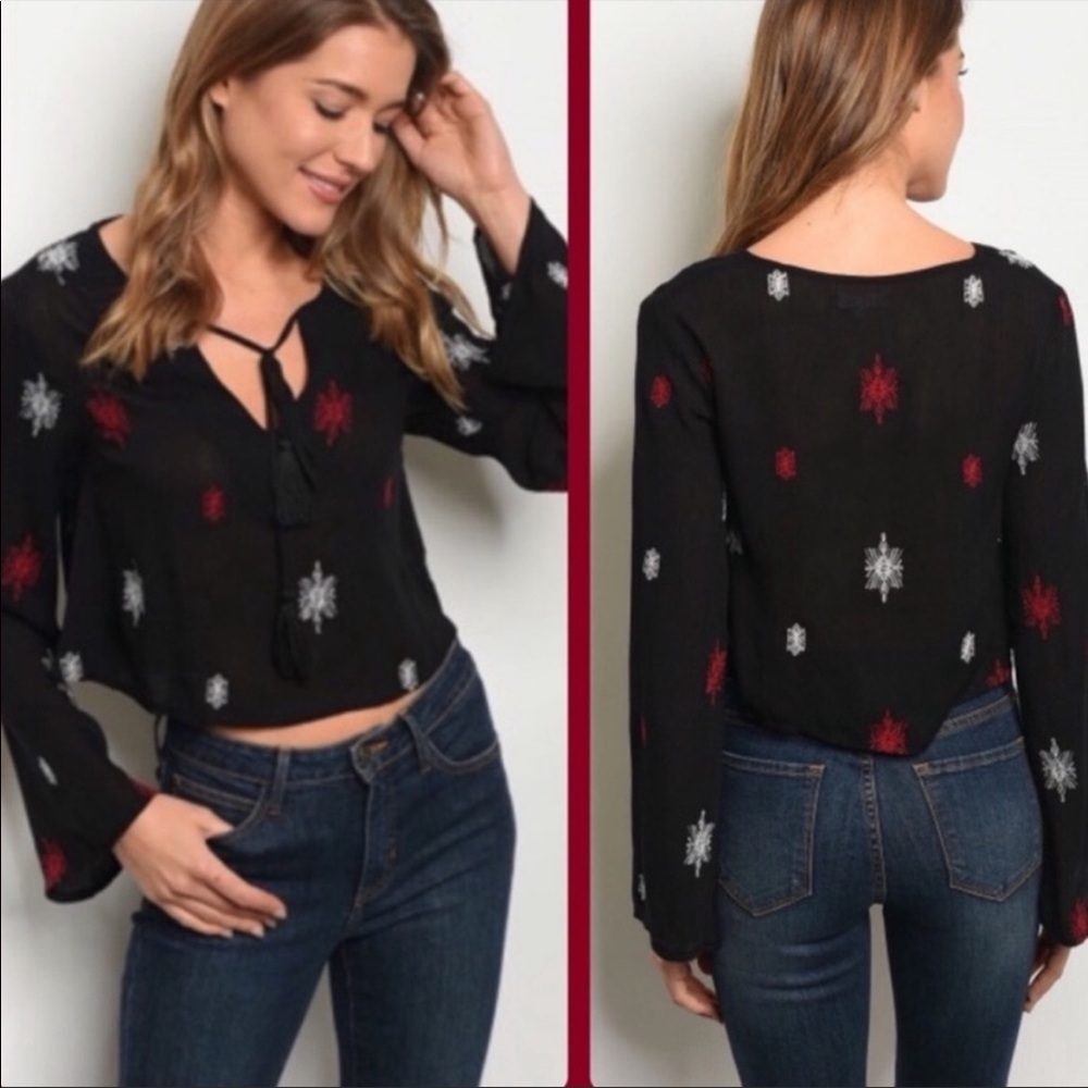 Honey Belle Wide Sleeves Bohemian Blouse Long Sleeve Lightweight Top Black
